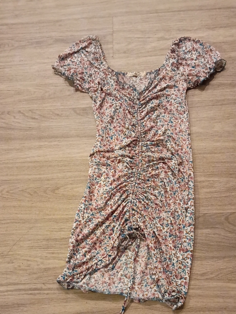 Floral Ruched Puff Sleeve Midi Dress - Pink Multi